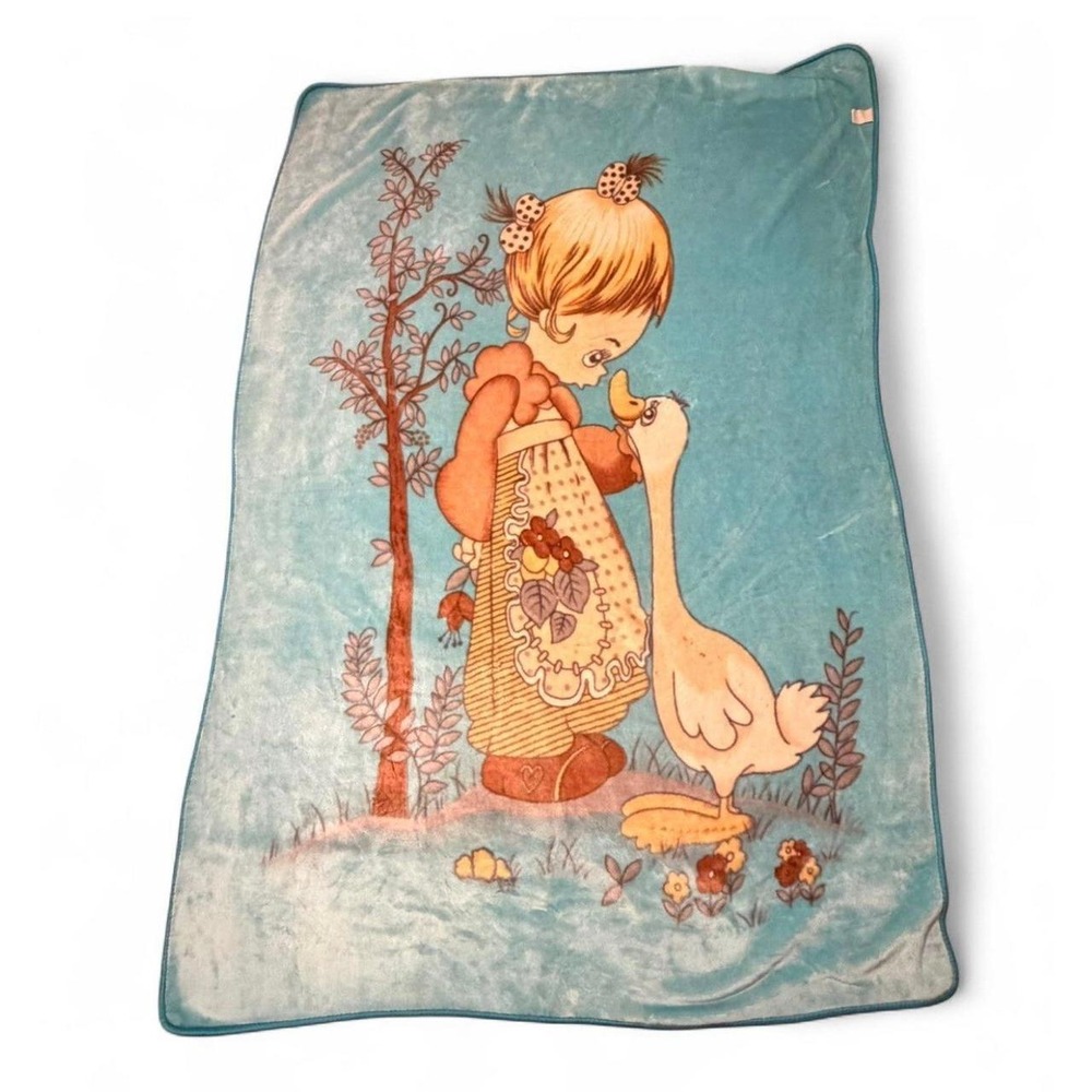 Vintage Precious Moments Korean Blanket Girl Goose Blue 88x59 Korea Rare